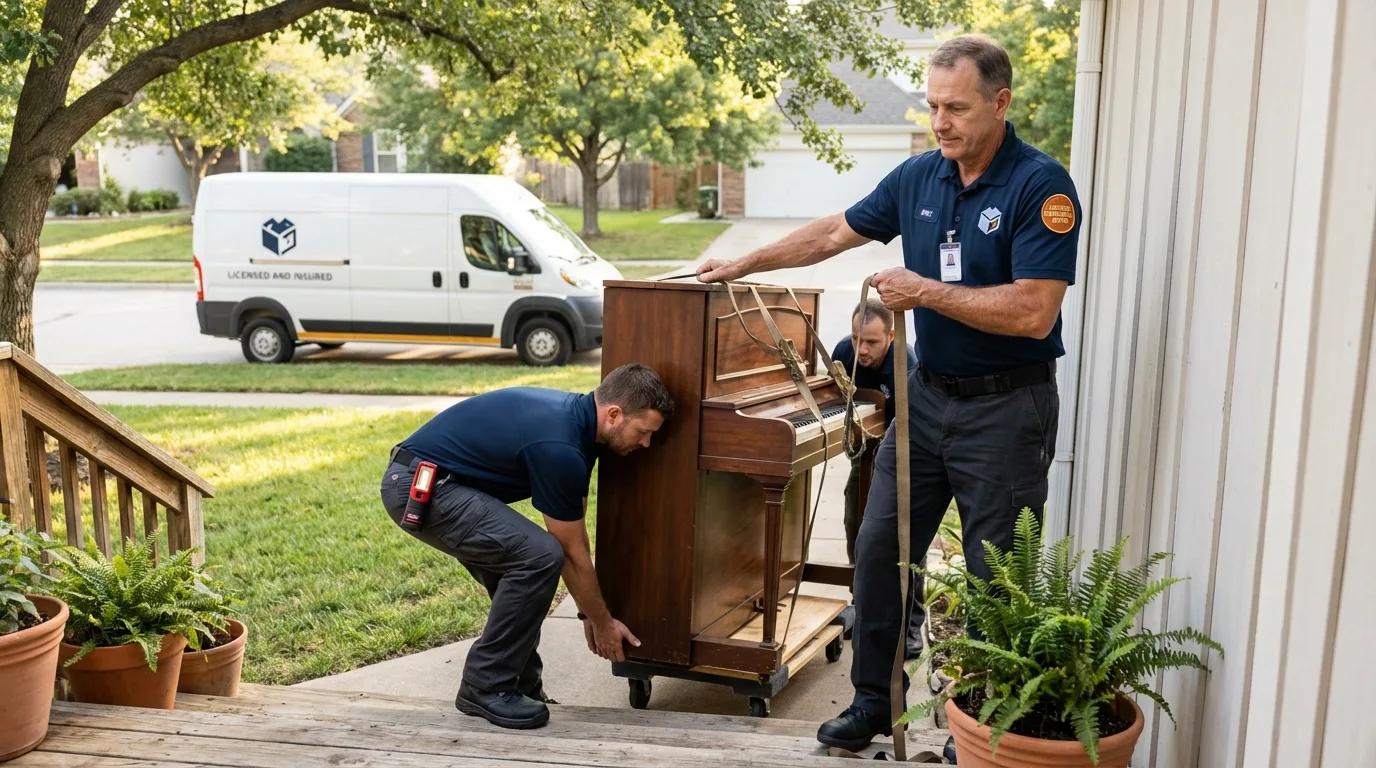 Licensed piano movers securing grand piano in Penn Valley, CA