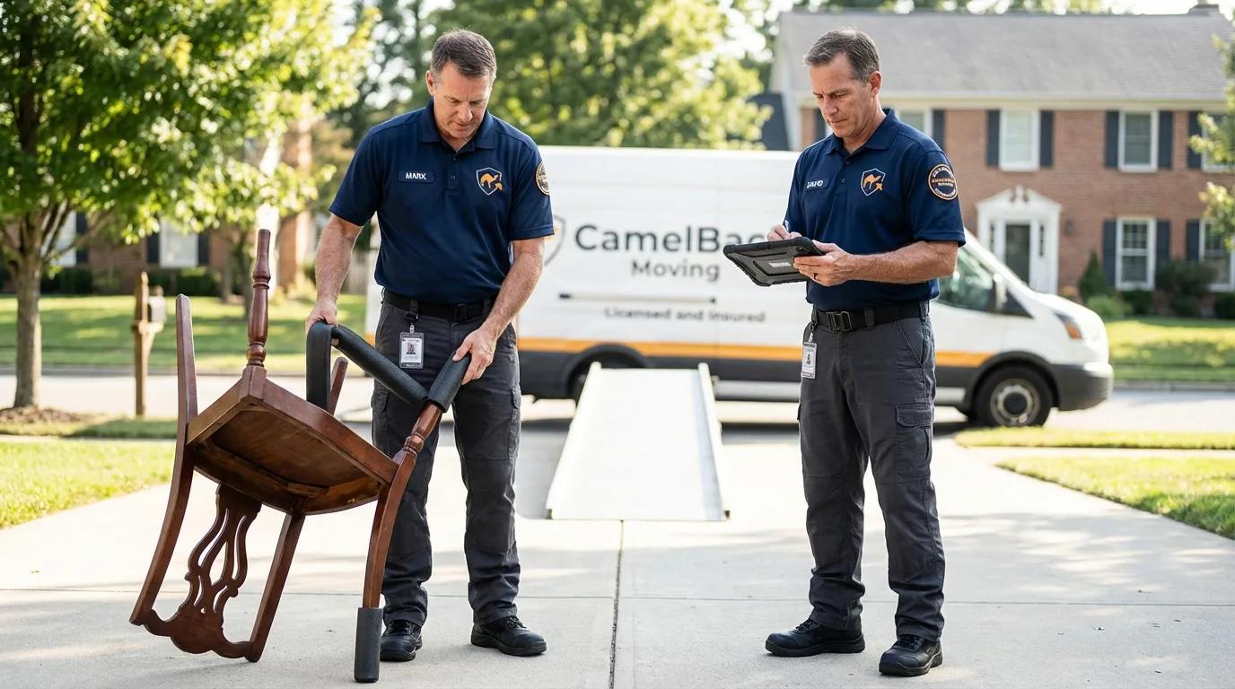 Movers inspecting furniture for damage prevention before loading in Penn Valley, CA