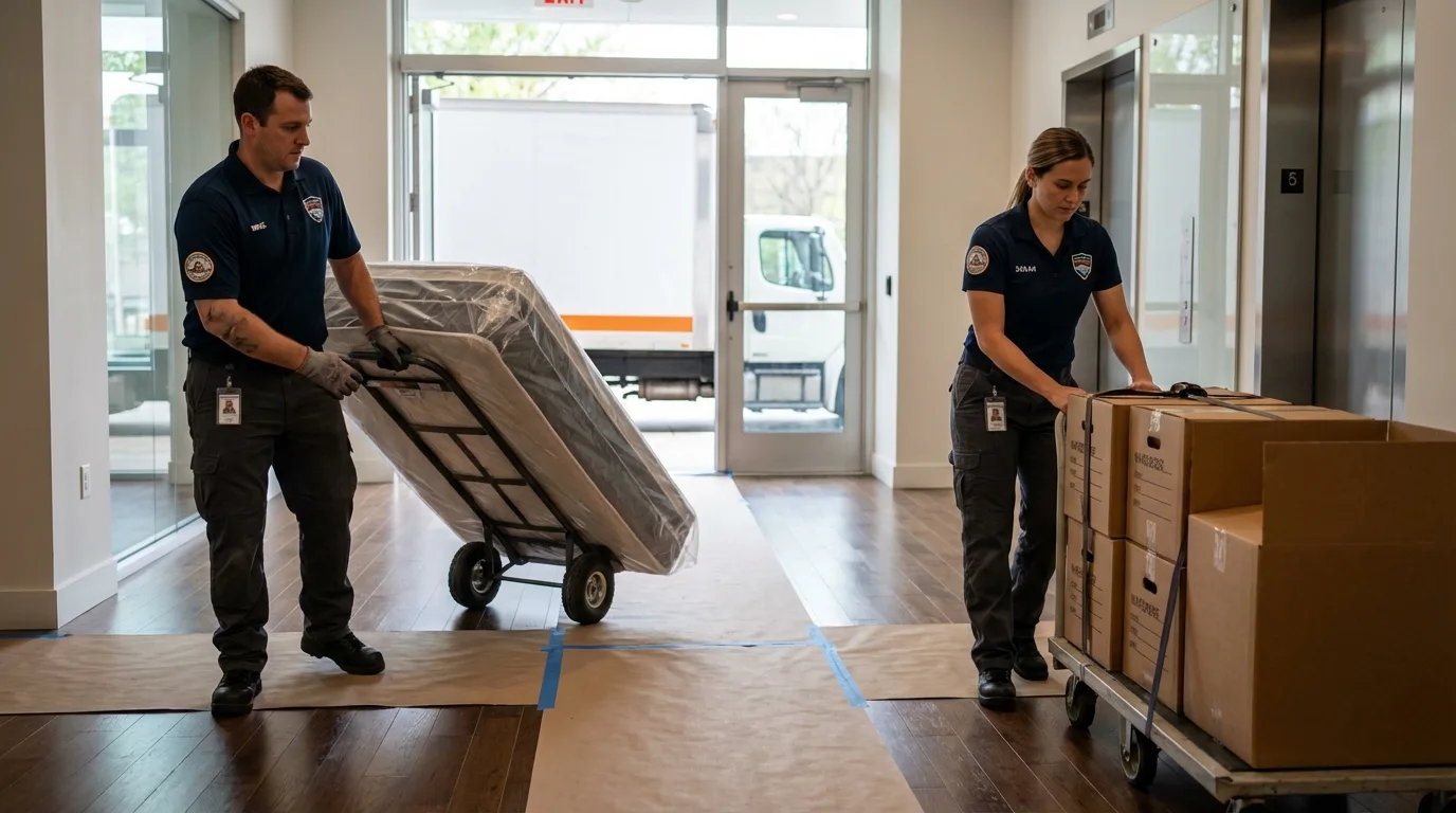 Professional apartment movers loading elevator in Penn Valley, CA